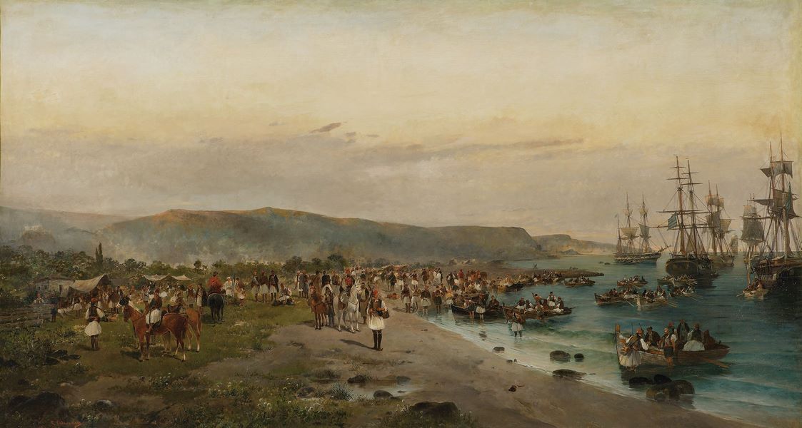 Η αποβίβαση του Καραϊσκάκη στο Φάληρο, έργο Κωνσταντίνου Βολανάκη, 1895,  Τράπεζα της Ελλάδος